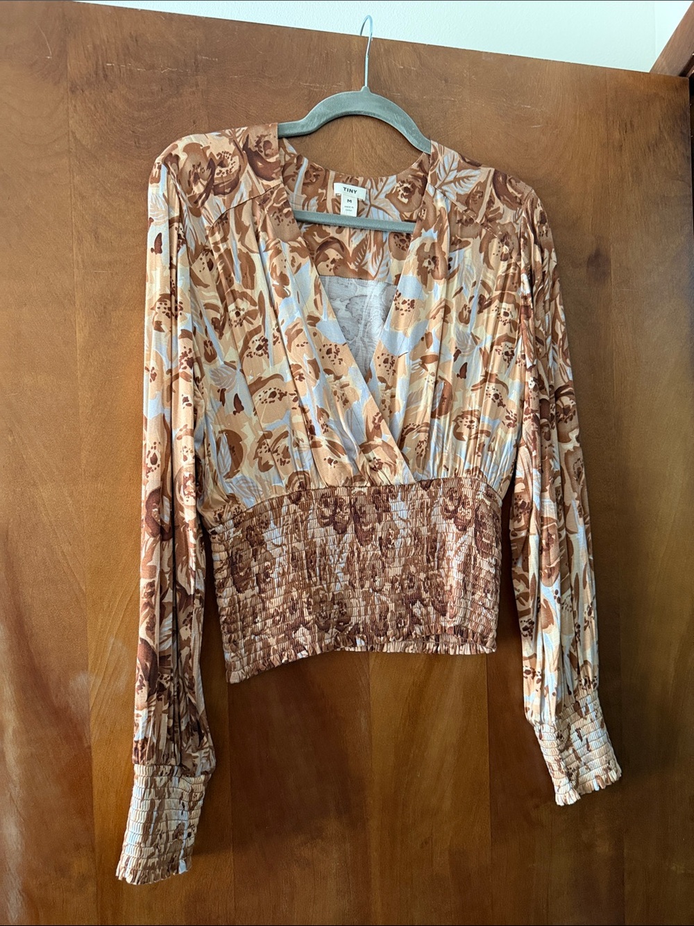 Crochet-Detail Smocked Waist V-Neck Blouse - Tan Multi